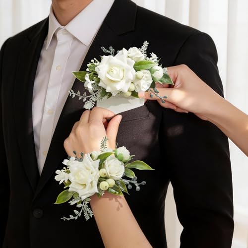 Serwalin 2Pcs Corsage and Boutonniere Set White Rose Corsage Wristlet and Pocket Boutonniere for Prom Wedding Homecoming Anniversary Graduation