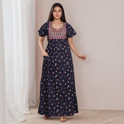 Image of DIAMO Pure Cotton Embroidery Nighty for Women, Cotton Night Gown, Night Maxi Gown, Cotton Nighty with a Pocket and Adjustable Knot
