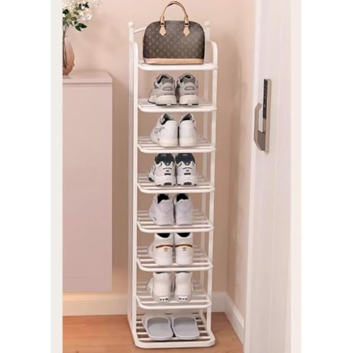 Metal Shoe Rack White Vertical Tall 7-tier Narrow Shoe Shelf Storage Compact Corner Shoe Rack Iron Frame Free Standing Organizer For Closet, Garage, Living Room