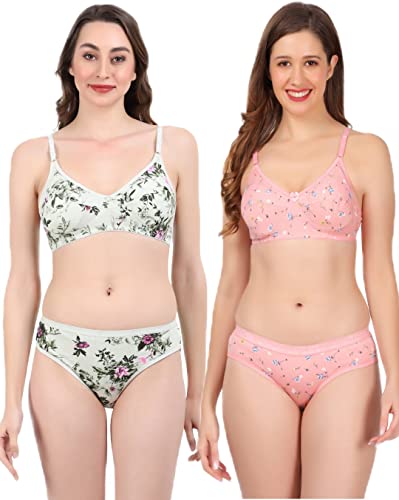Image of Women Non Padded Wirefree Pure Cotton Printed Multicolor Bra & Penty Set 2 Pack Combo