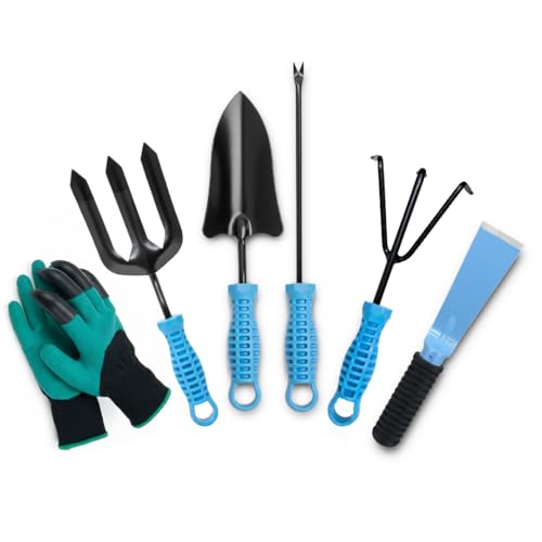 Image of IFFCO Urban Gardens 6-Piece Gardening Tool Kit | Gloves with Claws, Khurpi, Transplanter, Weeder, Cultivator & Garden Fork | Complete Set for Home & Terrace Garden