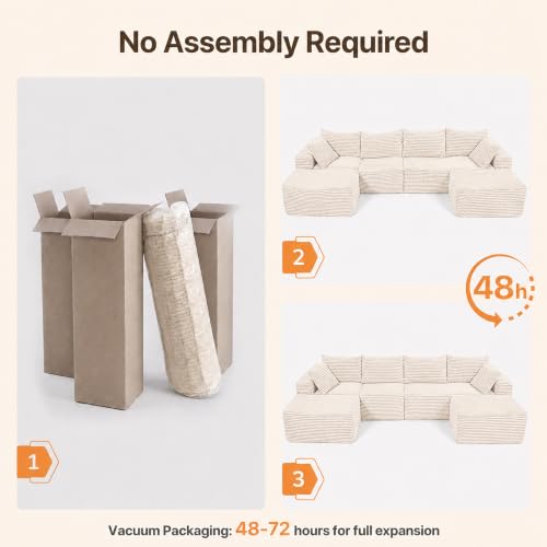 Image of Claiks 132 inch Boneless Couch, U-Shape Corduroy Sectional Sofa, Beige
