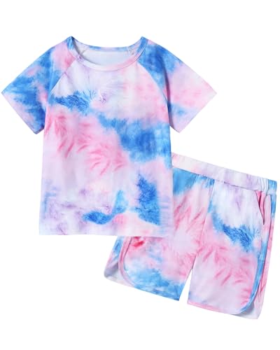 Image of DISAUR Girls Summer Outfits 2 Piece Matching Sets Tie Dye T Shirt and Shorts Set with Pockets for Girls 4-10 Years