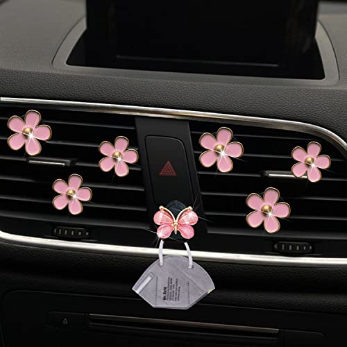 Image of Pink Daisy Air Vent Clips, 6 Pcs Cute Flower Car Air Fresheners Vents Clips Car Diffuser Vent Clip Car Interior Decor Charm Cute Car Accessories Car Decoration for Women + Cute Butterfly Mask Hook