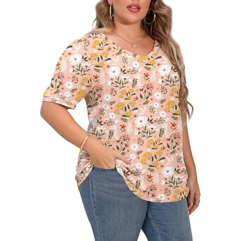 OLRIK Plus Size Tops for Women Summer Blouse Waffle Knit Short Sleeve Shirts FP-Pink Multi Flower-1X Cover