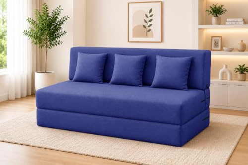 Image of Los Angeles Foldable Three Seater Sofa Cum Bed, Sofa Bed 5 X 6 Feet Jute Fabric Washable Cover- Including Three Cushion Perfect for Living Room - Blue Color