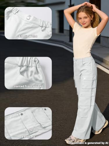 Image of SANGTREE Girls Wide Leg Cargo Pants Multi Pocket,6-14 Years | Cotton High Waist Baggy Trousers with Pockets Teen Y2K Streetwear School Pants| Back-to-school,Outdoor Play