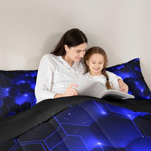 Image of Feelyou Blue Black Honeycomb Comforter Set Twin, Honeycomb Comforter for Kids Boys Girls Beehive Hexagon Bedding Set Geometric Duvet Durable Quilt Twin Size