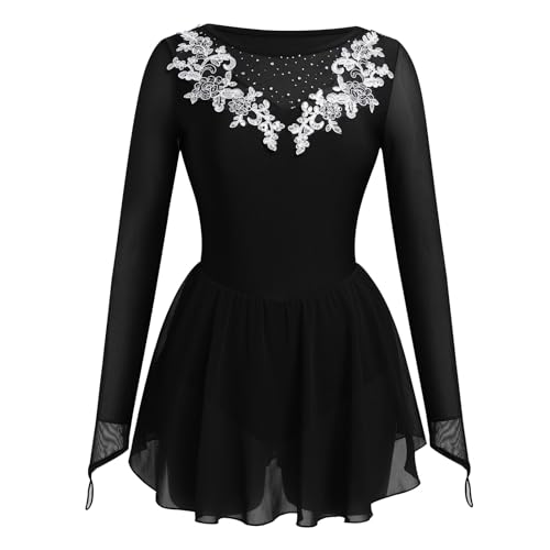 Odasod Eiskunstlaufkleid für Damen, Strass-Stickerei, Netzstoff, langärmelig, Gymnastikanzug, Wettkampf, Übung, Schwarz, Mittel