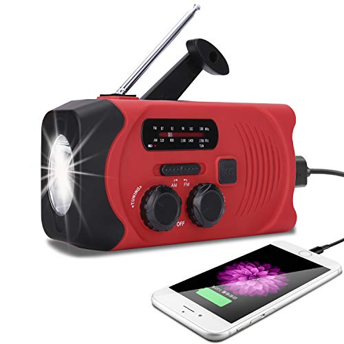 UNIQUEBELLA Emergency Radio, Wind up Hand Crank USB Solar Charge Radio with AM/FM Tuner, 2000mAh Power Bank, LED Torch, SOS Alarm for Camping, Travel, Outdoor Activities - Red