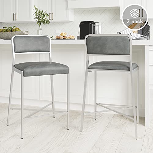 Nathan James 23102 Kira Kitchen Counter Bar Stool With Pu Leather Cushion And Metal Frame, Set Of 2, 24" With Backrest, Gray/Silver #TOP28