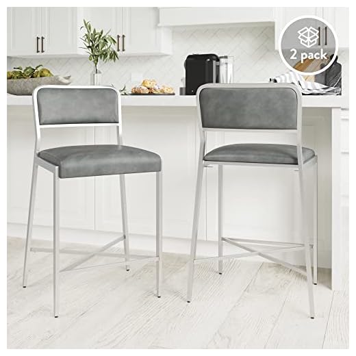 Nathan James 23102 Kira Kitchen Counter Bar Stool with PU Leather Cushion and Metal Frame, Set of 2, 24" with Backrest, Gray/Silver