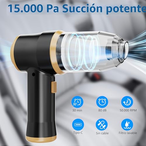 Miniatura 2 de Mini Aspiradora para Coche 15000 Pa – Aspiradora Portátil Inalámbrica de Mano y Soplete de Aire con 2 Filtros, Ideal para Coche, Sofá, Oficina, Mascotas y Hogar