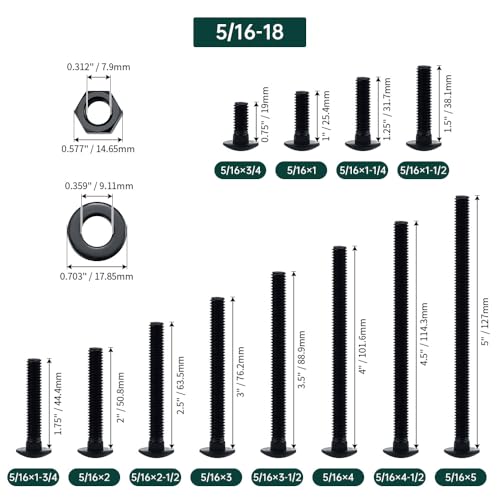 Image of 5 /16-18 x 2-1 /2 inch Black Carriage Bolts with Nuts and Washers Kits (10 Sets), 304 Stainless Steel 18 /8, Black Finish, Round Head, Square Neck, Heavy Duty Bolts, Indoor Outdoor Fastening Bolts, Fayeploo