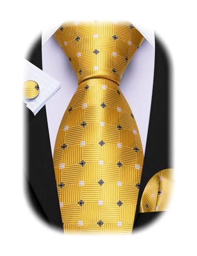 Image of Barry.Wang Plaid Ties Check Mens Necktie Set with Handkerchief Cufflinks Classic Stripe