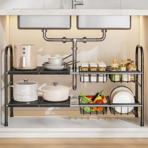 Catálogo de Almacenaje bajo fregadero los mejores 10. 44 Hisemy Organizador de Debajo del Fregadero,Organizador de Fregadero,Bandeja de Almacenamiento,Estante de Almacenamiento para Cocina, Despensa, Baño, Cajones y Alacena (Negro-4...