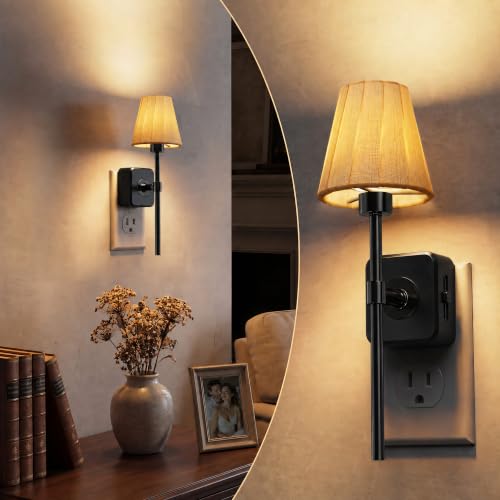 Image of L LOHAS LED Night Lights Plug into Wall, Pleated Fabric Cover Night Light | Dusk to Dawn Sensor Vintage Night Light, 0-100LM Dimmable, for Bedroom Living Room Hallway
