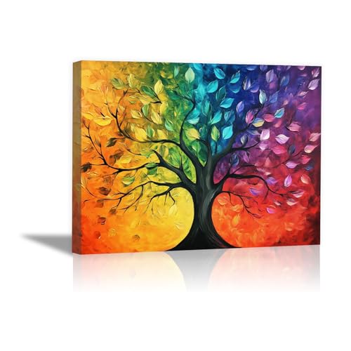 Arbre de vie sur toile jaune 40x60 cadre bois tableau mural salon chambre