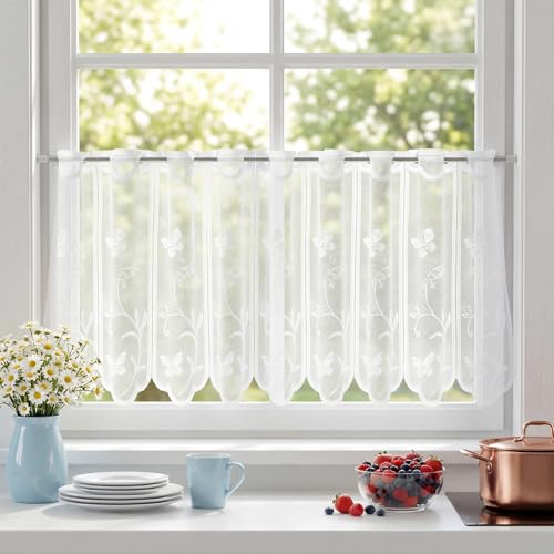 JUNFEIFLUX 4 cortinas blancas de bistró semitransparentes, para cocina, 137 x 46 cm, con bordado de flores y barra para salón, baño y armario