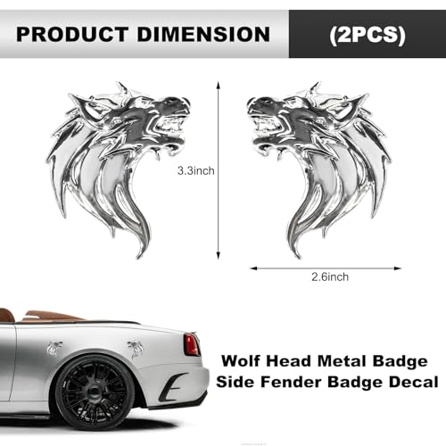 Image of 2 PCS 3D Wolf Head Metal Emblem, Car Side Fender Rear Wolf Head Emblem Badge Self Adhesive Stickers, Pair Metal Badge Decal for Car Motorcycles Truck SUV, Car Accessories (Silver)