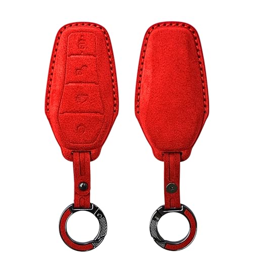 Image of KMH Alcantara Key Cover Compatible with BYD Atto 3 Models Smart Keycover with Keychain 4 Buttons Shell Case Holder Full Key Protector Accessories Smart Keycover with Keychain, Red - Pack of 2