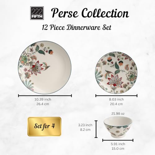 Image of 222 Fifth Perse 12-Piece Porcelain White Dinnerware Set | Microwave and Dishwasher Safe Big Dinner Plates and Bowls Sets for 4 | Stackable, Chip-Resistant Ceramic | Gifts for Housewarming & Wedding