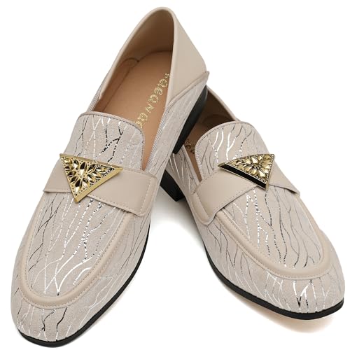 Men's Velvet Loafers Mens Shiny Slip-on Slippers with Gold Buckle, Classic Formal Wear Fashion Dress Loafer, Penny Party Wedding Dress Shoes for Men, Beige