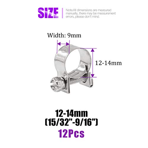 Swpeet Mini-Kraftstoffeinspritzleitungsschlauchklemmen-Sortiment, 12 mm - 14 mm, 304 Edelstahl, perfekt für Automobil, Landwirtschaft, Anlage und Bau, 12 Stück