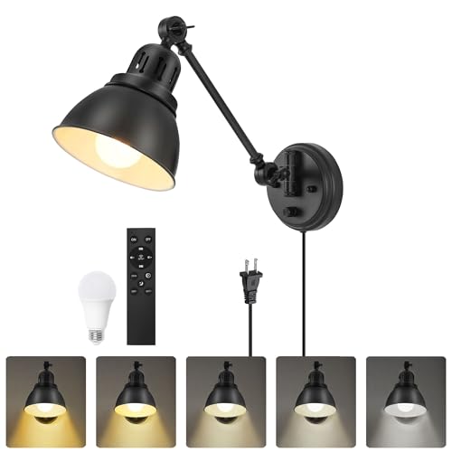 Image of GOODATE 1 Pack Plug in Wall Sconce with Remote Control, Stepless Dimming & Stepless Colors 2700K-6500K, Plug in Wall Light, Swing Arm Wall Lamp with Night Light & Timer, LED Bulb Included