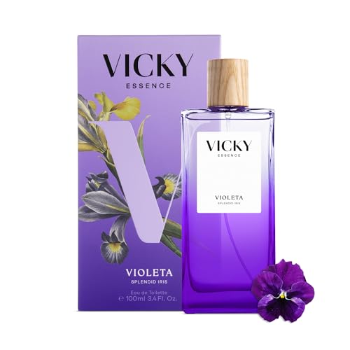 VICKY ESSENCE VIOLETA Eau De Toilette 100ml | Perfume Floral Frutal para Mujer | 92% Origen Natural y Vegano | Iris, Violeta y Caramelo | Fragancia Elegante y Envolvente