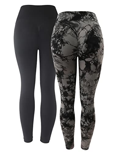 OMKAGI Women Scrunch Butt Lifting Leggings Seamless High Waisted Workout Yoga Pants(M,Pack-88-Black Tie Dye-657-Black)