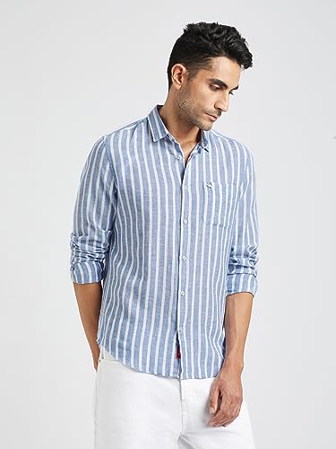 Image of THE BEAR HOUSE Men Blue Vertical Striped Slim Fit Cotton Linen Casual Shirt|TBH-IDI-BL
