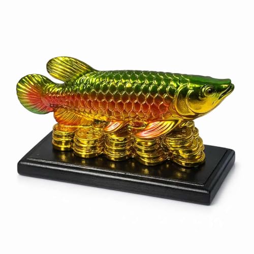 Image of Feng Shui Golden Arowana Fish Showpiece with Chinese Coins on Black Wooden Base | Green & Red Gradient Finish | Wealth & Prosperity Decor for Home, Office & Shop
