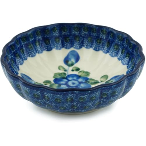 Authentic Polish Pottery Bowl 5-inch in Blue Poppies Design Handmade in Bolesławiec Poland by Ceramika Artystyczna + Certificate of Authenticity