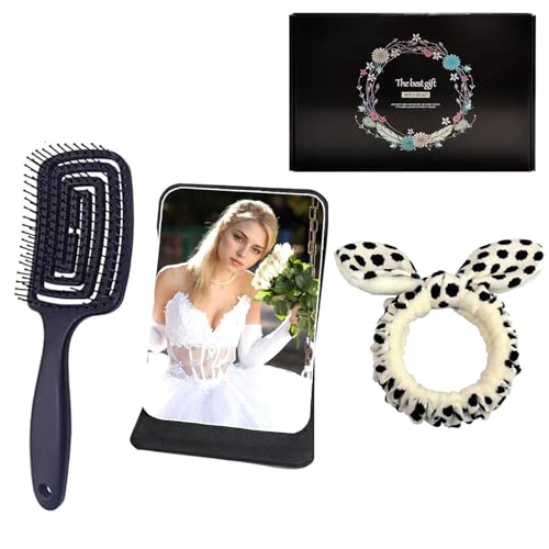Three-Piece Set: Hair Comb, Mirror, and Face Washing Headband - Ideal forGirls, and Female Students - Includes Detangler Brush and Hair Brushes Desktop Adjustable Folding Mirror (Black)