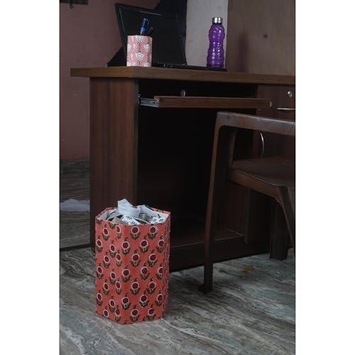 Image of Floral Hand Block Printed 3.3 Gallon Decorative Waste Basket - Eco-Friendly Cardboard Trash Can, Plastic-Free & Sustainable, Perfect for Christmas and Housewarming Gifts (1, FLOWAR RED)