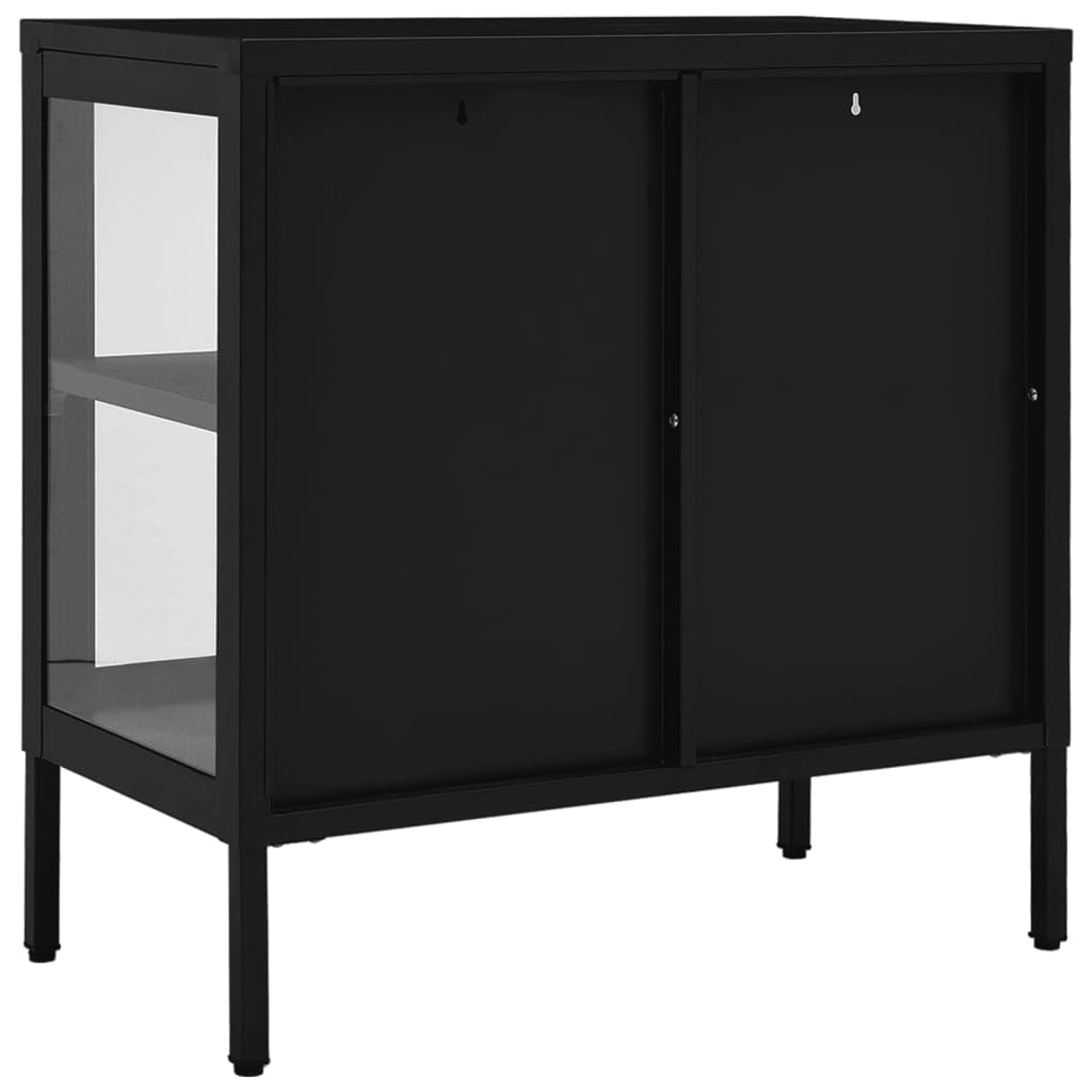 Aparador negro 70 x 35 x 70 cm, acero y cristal, con estantes ajustables, para salón, cocina, pasillo, espacio de almacenamiento versátil