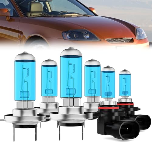Image of Headlight Bulbs Compatible With Hyundai Tiburon 2003-2006, H7 High Beam + H7 Low Beam + 9006 Fog Lights Halogen Light Bulb Combo, Super Bright 6000K White, Plug and Play, Pack of 6