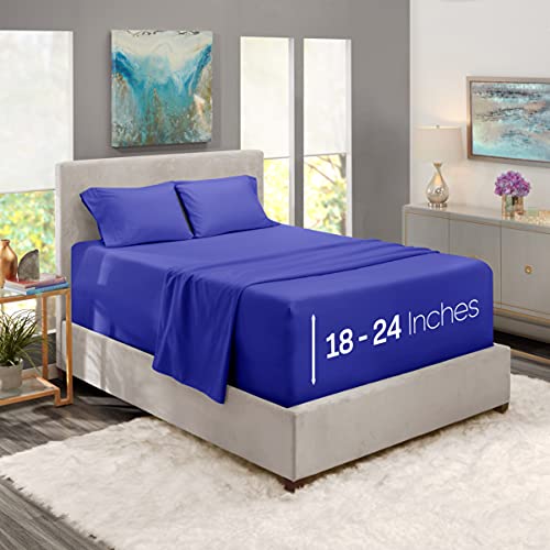Image of Nestl Queen Bed Sheet Set - Royal Blue - 4-Piece Extra Deep Pocket | Instantly Soft, Night-One Ready (No Wash Required). Fits Extra Deep Pockets up to 24 Inches, 360-Degree Elastic Grip