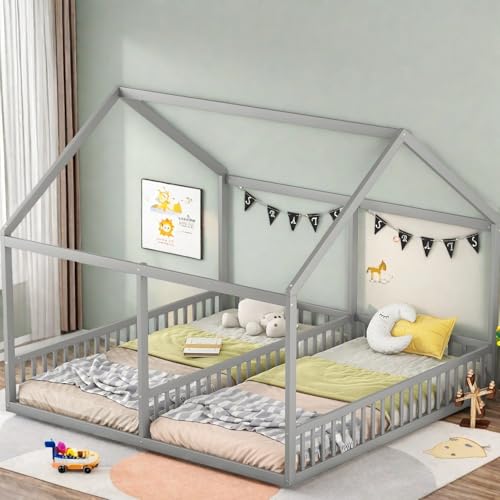 OOIILLEE Letto Cabana Bambini Due Posti, Letto a Pavimento 90x200 Montessori con Barriera, Rete a Doghe, in Pino, Grigio