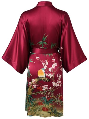 Image of Women's Silk Kimono Robe Short Bathrobe Nightgown 100% Mulberry Silk for Women - Classic Floral Pattern