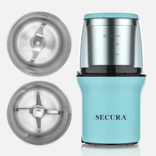 Secura Electric Coffee Grinder and Spice Grinder with 2 Stainless Steel Blades Removable Bowls, Aqua