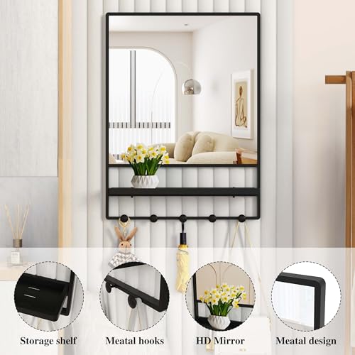 WONSTART Espejo de Pared con Estante y Ganchos, Espejo de tocador con Gancho, 21 x 28 Pulgadas con Marco de Metal, Espejo Decorativo para baño, Entrada, Dormitorio, Sala de Estar (Negro, 21 x 28) - imagen 6