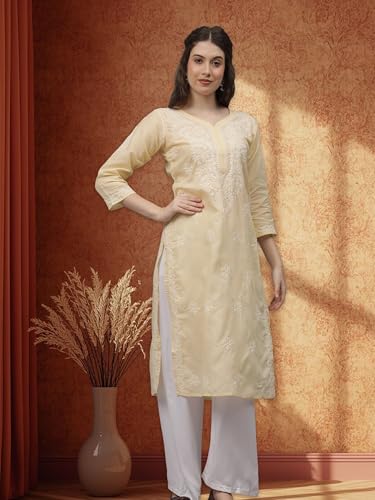 Image of Seva Chikan Hand Embroidered Lucknowi Chikankari Appricoat Peach Terivoil Cotton Kurta for Women SCL4603
