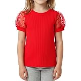 Magic Park 1-6Y Toddler Girl Puff Sleeve T-Shirt Kids Polka Dot Ribbed Knit Blouse Casual Tops for Girls (Puff Sleeve Red,5-6 Years)