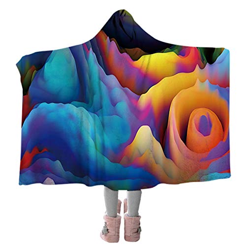 Blessliving 3D Rainbow Fractal Wave Pattern Sherpa Throw Blanket With Hood Abstract Hooded Blanket Fleece Blanket Wearable Blanket (Youth 60"X50") #TOP1