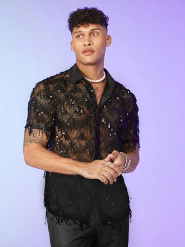WDIRARA Men's Contrast Sequin Fringe Mesh Button Short Sleeve Lapel Neck See Through Party Shirt Top4