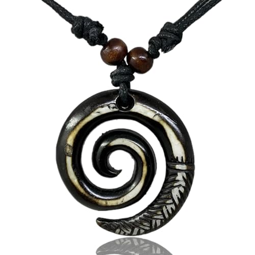Adjustable Mariners Cord Necklace - Yak Bone Carved Maori Fish Hook & Spiral Koru Pendant - Symbol of Peace and Tranquility