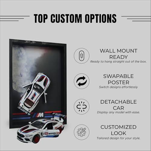 Image of CodersParadise - BMW M8 GTE (White) 3D Car Frame Wall Art | 1:32 Die-Cast Metal Model Car with Wooden Display Frame | Detachable Miniature, Interchangeable Posters, Pull-Back Action, Lights & Opening Doors | Unique Gift for Cars Lovers & Home Decor