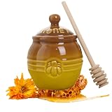 Honey Jar with a Dipper 12oz（Ceramic Honey pot ） Ceramic Honey Pot Made Out of Solid Clay Piece. H